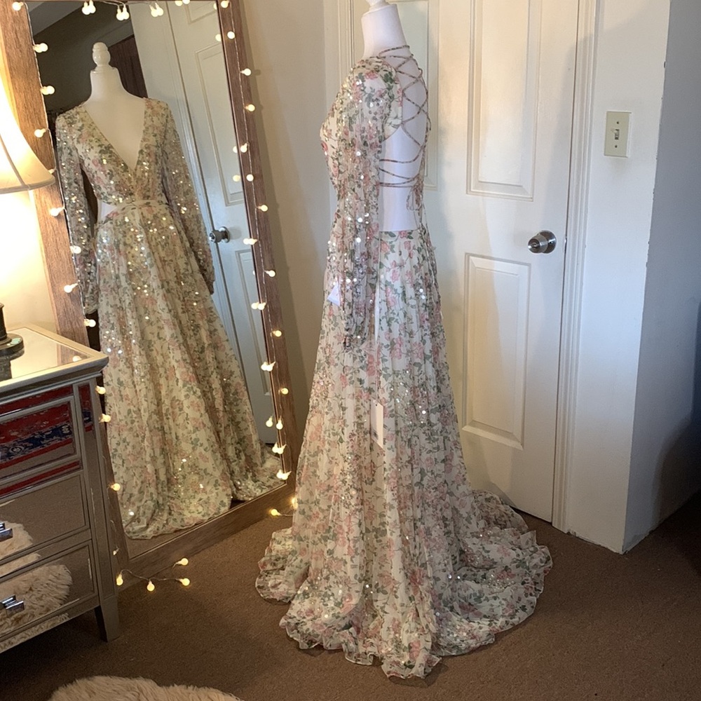 Mac Duggal Sequined Floral Print Cutout Lace-Up Gown Anthropologie - Picture 8 of 14